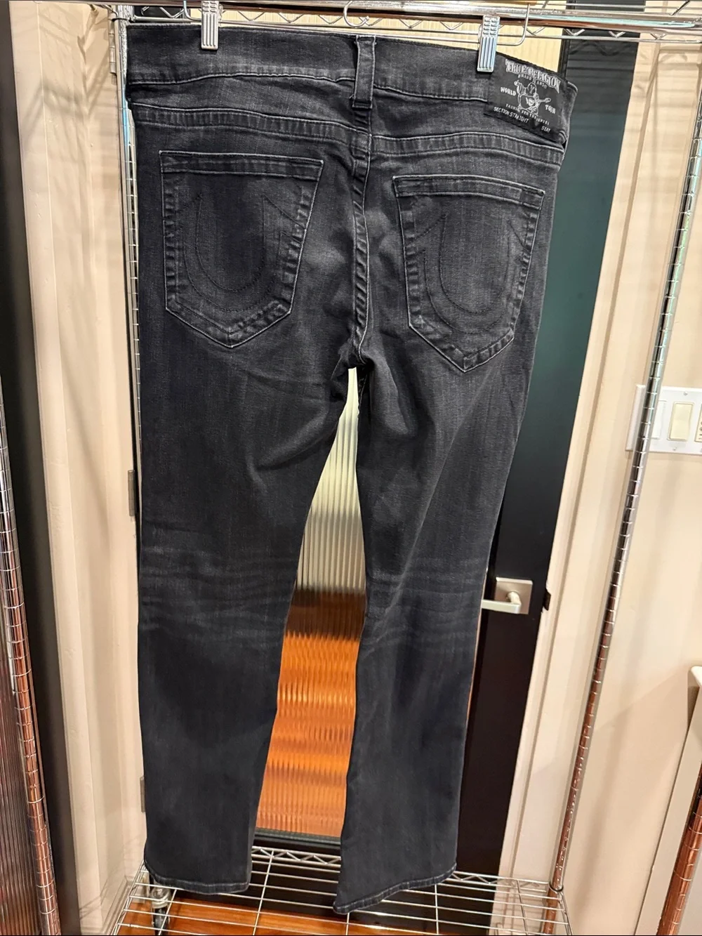 True Religion Straight Section Jeans Black Faded Horseshoe Flap Pocket 38